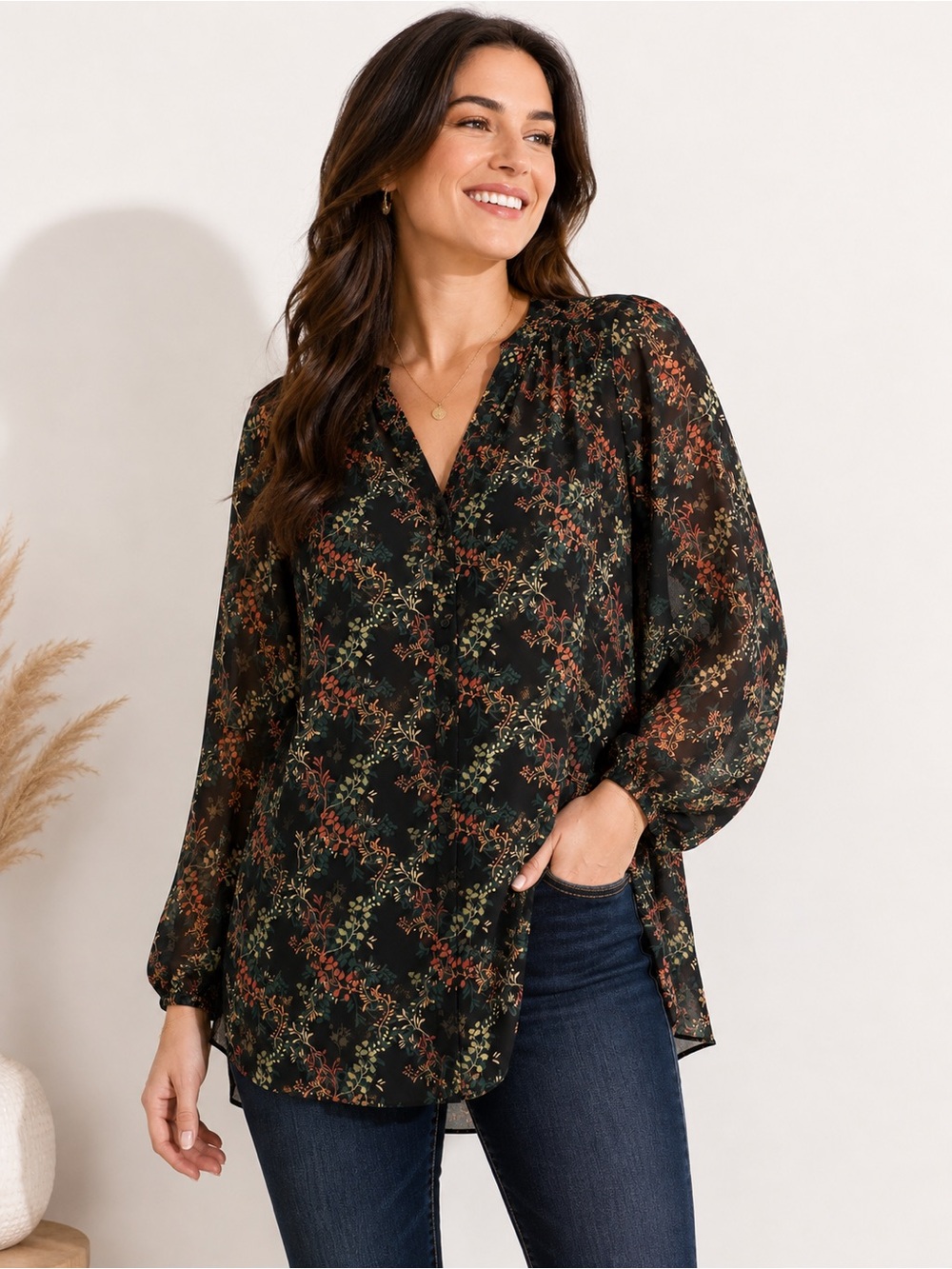 Dark Botanical Floral V Neck Button Front Blouse XXL